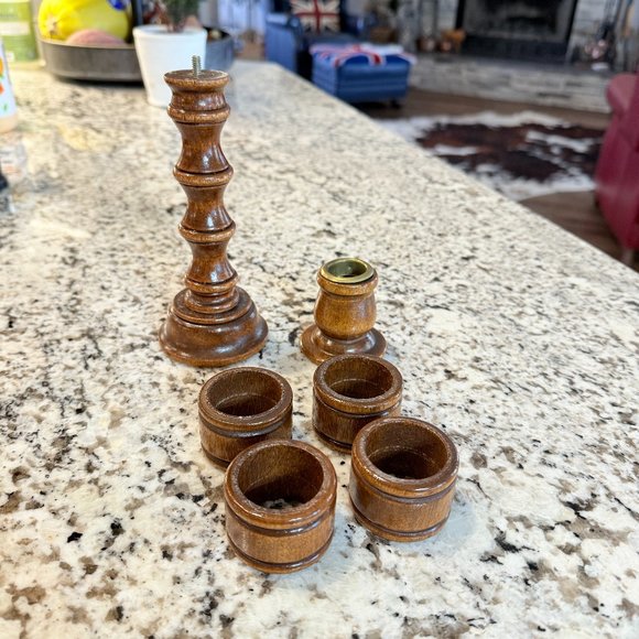 Mid Century wood candlestick holder napkin ring combo - Picture 3 of 13